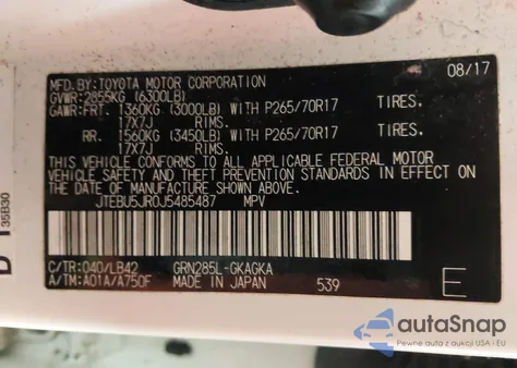 2018 Toyota 4Runner Sr5 Premium z USA, uszkodzony, nr VIN JTEBU5JR0J5485487